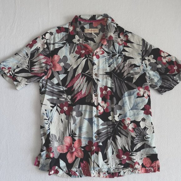 Tommy Bahama Mens Shirt M Floral Silk Button-Up Hawaiian Tropical Blue Black - Picture 1 of 6